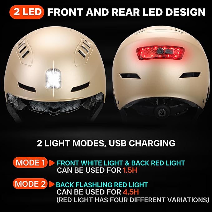 Bike Helmet with LED Lights Bicycle Helmets Commuter Cycling Helmet USB Rechargeable Front & Back LED Light Helmet for Adult Men Women