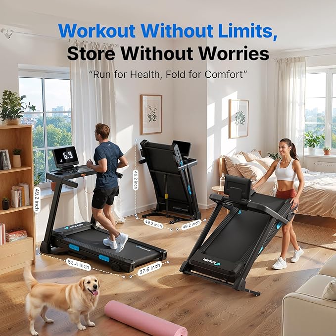 MERACH Foldable Treadmill with Incline, 7.5MPH Quiet Treadmills for Home with Double Deck Technology, 4 Silicone Shock Cushion, Heart Rate Monitoring,16.5" Wider Belt, APP
