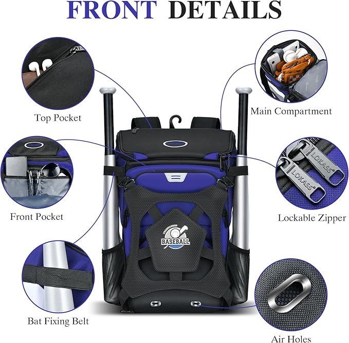 Baseball Backpack for Adult and Youth, Large Capacity Lightweight Softball Bag With Shoe Compartment and Fence Hook for TBall Bat & Equipment, Waterproof for Helmet, Gloves