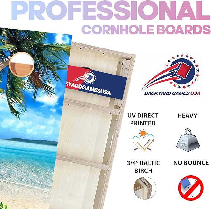 CornholeGamesUSA Pro Cornhole Boards Set | Made in USA | 3/4 Baltic Birch | No Bounce | Triple Thick Legs | Two Brace & Handles, Tournament 2x4 Regulation Set with Score Tower & Cornhole Bags