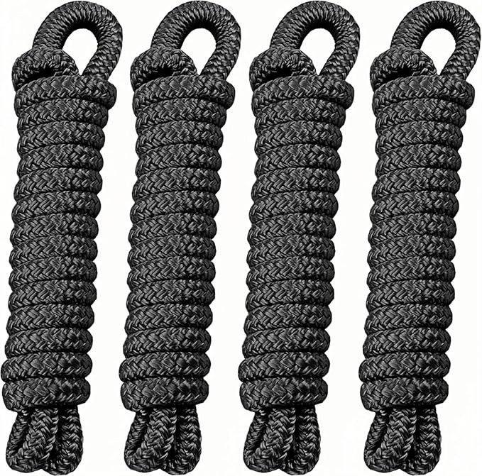 4 Pack 3/8 Inch x 10 ft Boat Fender Lines - Marine Grade Nylon Boat Rope with 5" Loop for Tying Fenders and Docking - Double Braided Dock Lines, Easy Handling, Fray Resistant, Black
