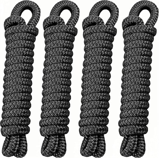 4 Pack 3/8 Inch x 10 ft Boat Fender Lines - Marine Grade Nylon Boat Rope with 5" Loop for Tying Fenders and Docking - Double Braided Dock Lines, Easy Handling, Fray Resistant, Black