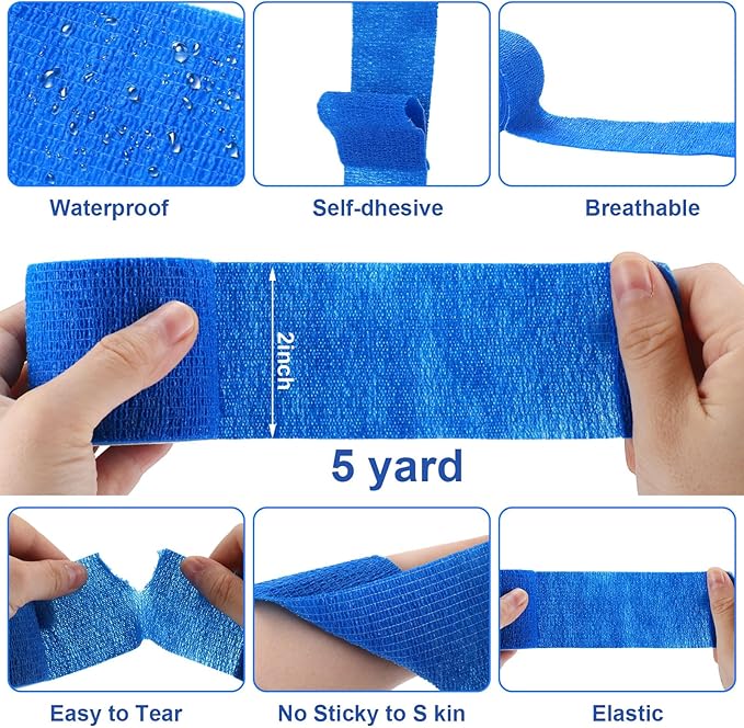 Treela 48 Pack Self Adhesive Wrap Bandage Bulk, 2 Inches x 5 Yards Self Adherent Cohesive Bandage Elastic Athletic Tape Breathable Wound Tape for Stretch Athletic Sports Wrist Ankle(Blue)