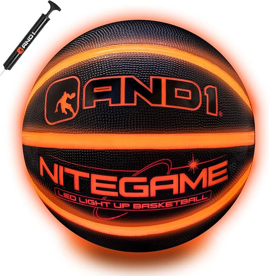AND1 Nitegame LED Light Up Basketball - Impact Activated Glow in The Dark - Regulation Size 7 (29.5 inches), for Outdoor or Indoor, Sold Deflated, Comes in Black or Orange
