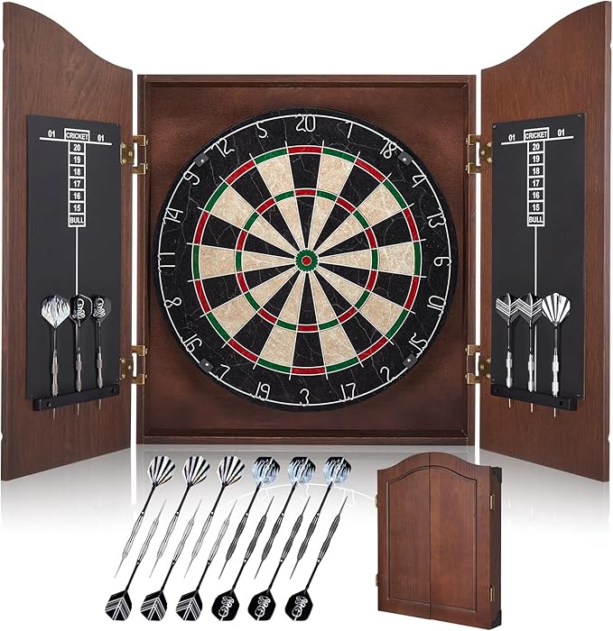 Sisal Dart Board Cabinet Sets, Decorative Dart Boards for Adults [12*Steel Darts] - Wooden Dartboard Cabinet with Integrated Scoreboard for Family Game Rooms
