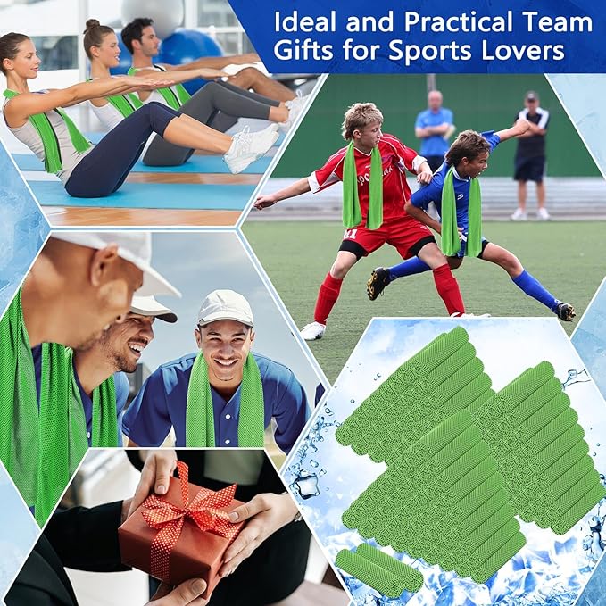 Hosuly 150 Pack Cooling Towels Bulk 40 x 12 Inch Large Chilly Breathable Sweat Sports Cold Towels Sublimation Microfiber Ice Neck Rags for Hot Weather Workout Baseball Softball Gym Team Gift(Green)