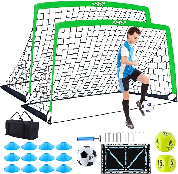 2 Pack Kids Soccer Goal for Backyard Set 6x4FT Portable Pop Up Soccer Net Training Equipment with Soccer Ball, Training Dice Mat, Cones and Carry Bag for Youth Toddler Teams Indoor Outdoor Sport Game