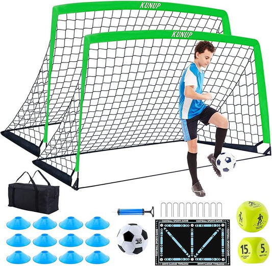 2 Pack Kids Soccer Goal for Backyard Set 6x4FT Portable Pop Up Soccer Net Training Equipment with Soccer Ball, Training Dice Mat, Cones and Carry Bag for Youth Toddler Teams Indoor Outdoor Sport Game