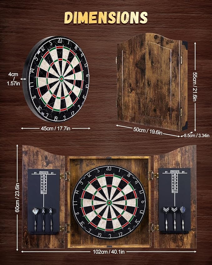 Sisal Dart Board Cabinet Sets, Decorative Dart Boards for Adults [12*Steel Darts] - Wooden Dartboard Cabinet with Integrated Scoreboard for Family Game Rooms