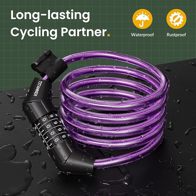 Titanker Bike Lock Cable, 4 Feet Bike Cable Lock Basic Self Coiling Kids Bike Lock Combination with Complimentary Mounting Bracket, 5/16 Inch Diameter (4FT, Purple-8mm)