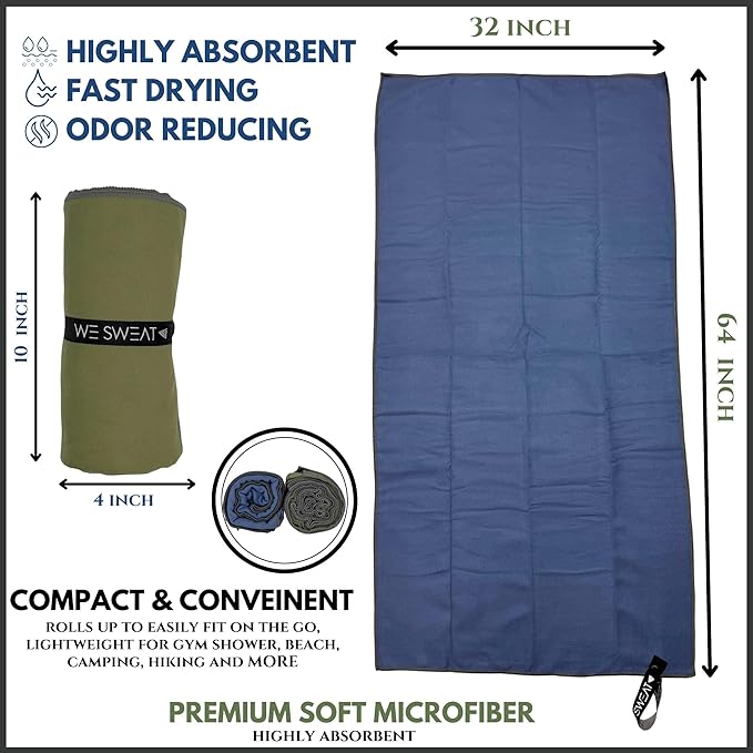 We Sweat's Microfiber Soft and Absorbent Gym Towels for Shower, Silver ION Odor-Free Absorbent Fiber, Fast Drying Men & Women Workout Gear, Working Out, Towels, Sports Exercise Fitness Gear