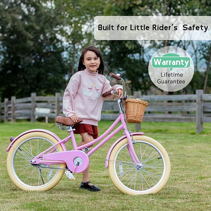 Glerc Little Molly 12-20 Inch Kids Retro Cruiser Bike for 2-13 Year Old with Wicker Basket & Training Wheels/Kickstand, Multiple Colors