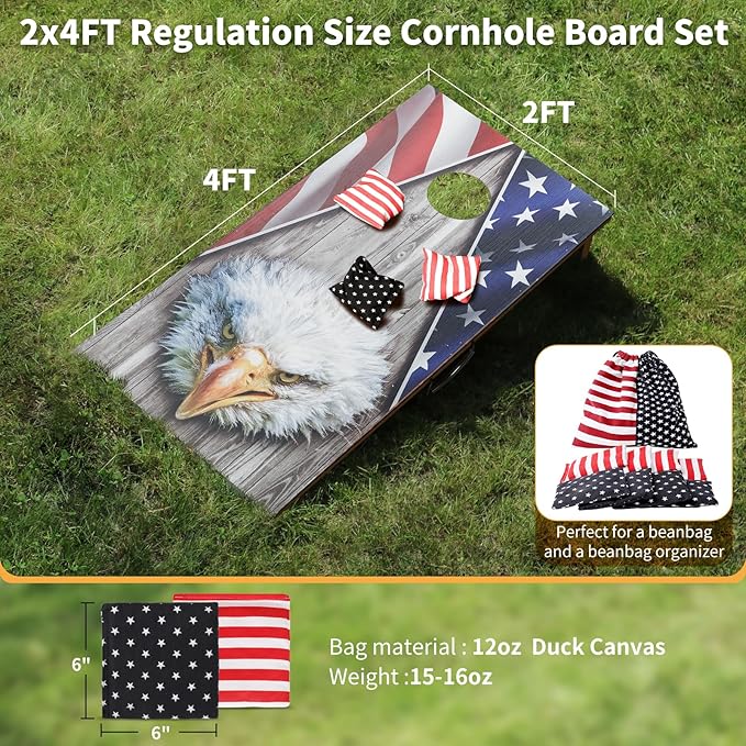 Cornhole Set, Corn Holes Outdoor Game, Regulation 2X4 Cornhole Boards, Portable Cornhole Set, Classic American Flag Cornhole Set Includes 2 Boards, 8 Cornhole Beans Bags & Carry Case