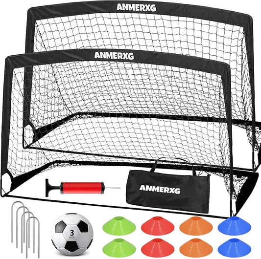 6x4FT Kids Soccer Goal for Backyard Set Portable Soccer Goal with Ball Pump and Cones Soccer Net Set of 2 Training Equipment Outdoor Sports Gift