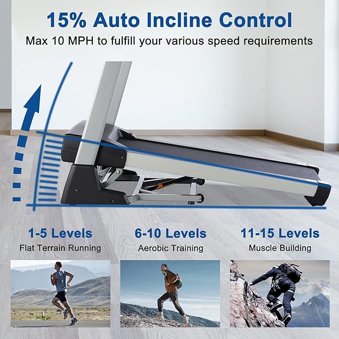15% Auto Incline Treadmill with Bluetooth Speaker, 20" Wide 3.5HP Folding Electric Treadmill with LCD Display Easy Assembly Running Walking Exercise Machine for Home Use, 350 LBS Capacity