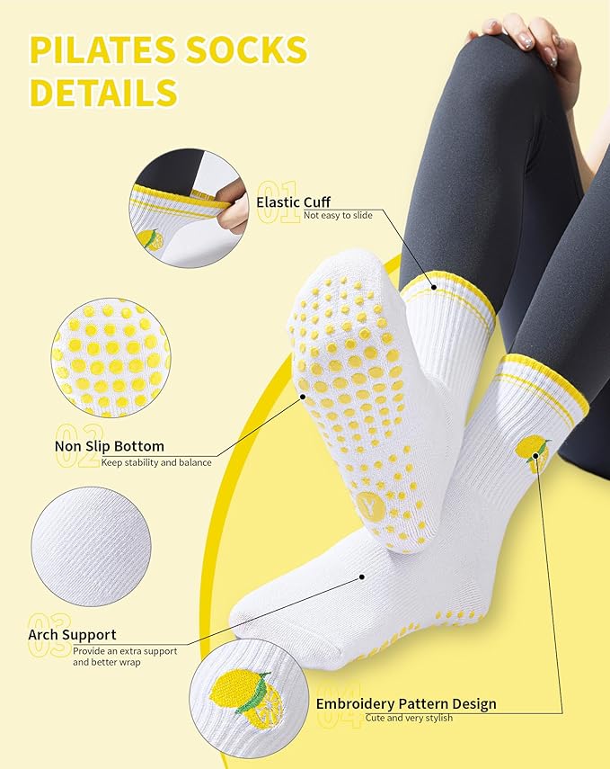 Yawlsow Pilates Grip Socks for Women Yoga Grippy Socks Cute Barre Non Skid Athletic Crew Sticky Sock Workout Hospital