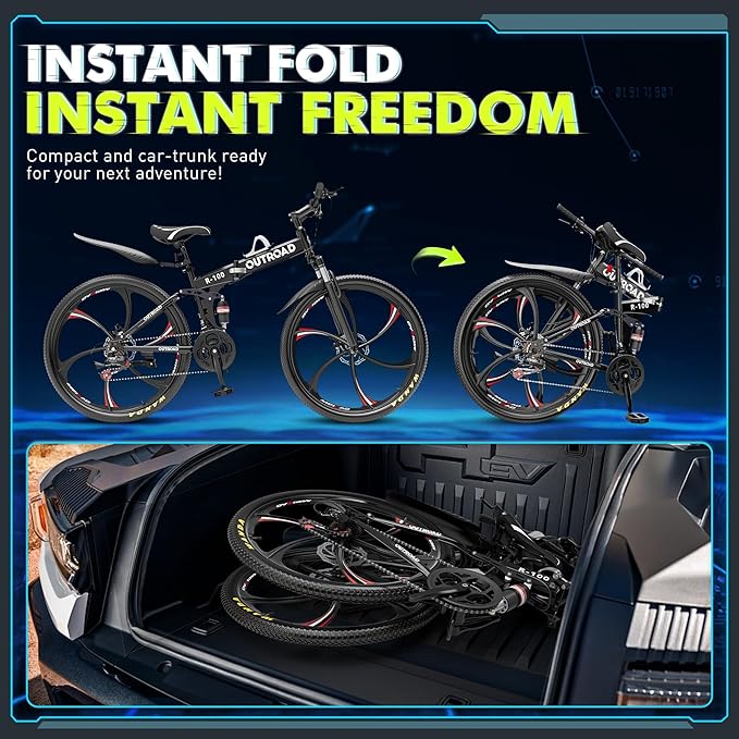 26 inch Folding Mountain Bike, Carbon Steel Frame and 21 Speed, Double Disc Brake and Dual Suspension Folding Bike for Adults/Men/Women, Easy Assembly Bicycle(Black/Green/Orange)