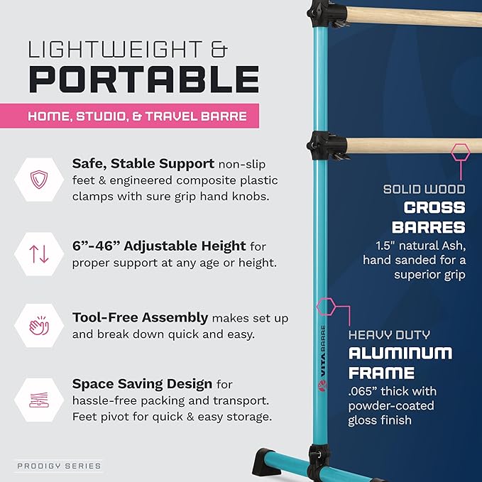 VITA Barre Portable Freestanding Double Ballet Barre, Prodigy, Wood | Adjustable Height, USA Made, Home or Gym Exercise Equipment for Kids & Adults | Dance, Fitness, Pilates