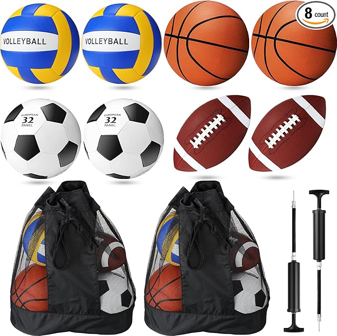 8 Pcs Sports Balls Set Include Basketball Football Soccer Volleyball with 2 Sport Equipment Bags 2 Pumps for Teens Youth Adult Outdoor Operation Christmas Ball Gifts