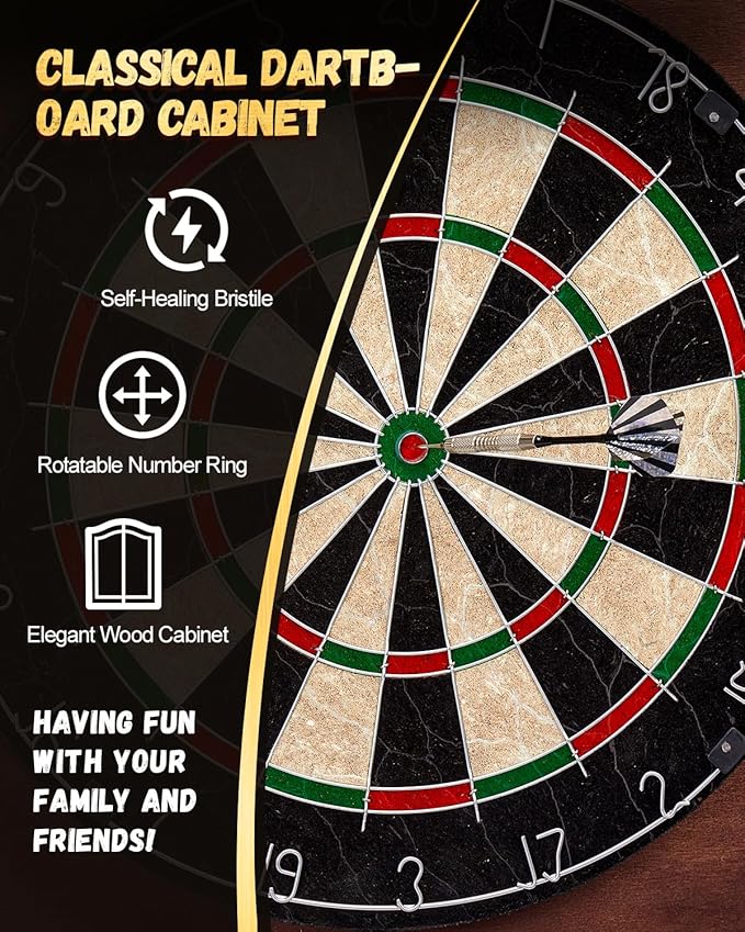 Sisal Dart Board Cabinet Sets, Decorative Dart Boards for Adults [12*Steel Darts] - Wooden Dartboard Cabinet with Integrated Scoreboard for Family Game Rooms
