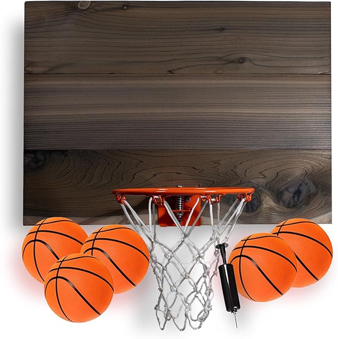 Elite Mini Basketball Hoop & Ball Set, Wall Mount, Indoor Made in The USA Cedar Backboard. Includes 9” Hoop, Net, Pump & 5 Mini Basketballs.