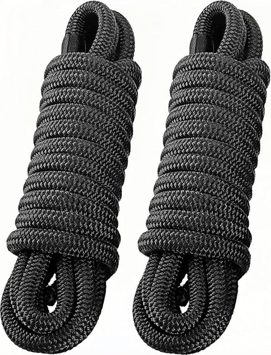 2 Pack 3/4" x 25' Dock Lines - Marine Grade Nylon Boat Rope with 15" Loop for Docking and Mooring - Double Braided Boat Lines, High Strength, Easy Handling, Fray Resistant - Black