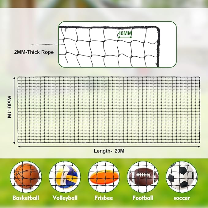 Cricket Ball Stop Net Backstop 66ft x 3ft Post and Net Package for Backyard Heavy Duty Removable Barrier Defensive Netting for Outdoor Yard Dog Fence