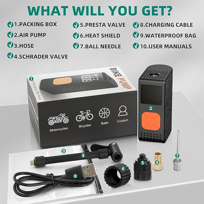 YITAMOTOR Mini Electric Bike Pump with Gauge Max 150PSI, Bike Tire Pump Portable, Rechargeable Bicycle Air Pump Auto Stop with Presta and Schrader Valve for MTB Road Bike Mountain Bike and Balls