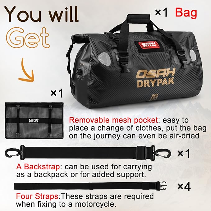 Waterproof Duffel Bag - Motorcycle Dry Bag Tail Bag with Large Storage Space, Waterproof Luggage Duffle Bags with Outer Mesh Zipper Pocket for Camping, Kayaking, Fishing & Traveling