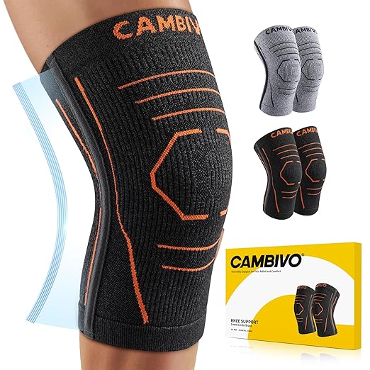 CAMBIVO Knee Brace for Women and Men with Side Stabilizer 2 Pack, Lightweight Knee Compression Sleeves for Knee Pain Relief, Knee Sleeves for Running, Workout and Daily Activities (Orange, Medium)