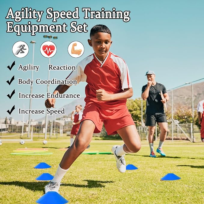 Agility Ladder Speed Training Equipment Set-20ft Agility Ladder 4 Adjustable Hurdles Running Parachute Jump Rope Speed Training Equipment for Soccer Football Basketball