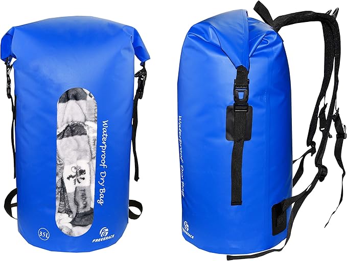 Freegrace Waterproof Dry Bags Set of 3 - Dry Bag with 2 Zip Lock Seals, Waist Pouch & Phone Case - Can Be Submerged Into Water for Swimming, Kayak, Rafting & Boating (Window, Navy Blue, 35L)