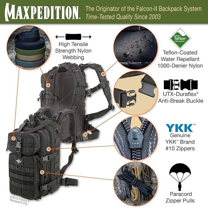 MAXPEDITION Falcon-II Backpack, 23L Tactical Backpack, Survival Pack, Bug Out Bag, MOLLE Go Bag for EDC, 0513