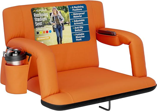 Alpcour Reclining Stadium Seat – Wide Bleacher Chair with Back Support and Cushion, Armrests, Side Pockets, and Bleachers Hook – Best Stadium Seats Chairs for Camping, Kayak, & Paddle Board Backs