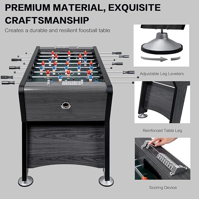 58" Foosball Table, Competition Sized Soccer Table Game, Heavy Duty Arcade Game Table with 2 Balls for Adult, Kids, Home, Indoor Game Room Sport (Wood Grain)