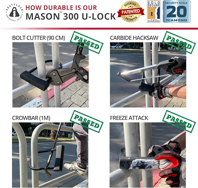 Seatylock Mason Bike U Lock - Patented Heavy Duty Anti Theft Diamond Secure ULock - Ultra Security Bicycle Safety Tool with Keys for City Electric or Mountain Bikes and Scooters