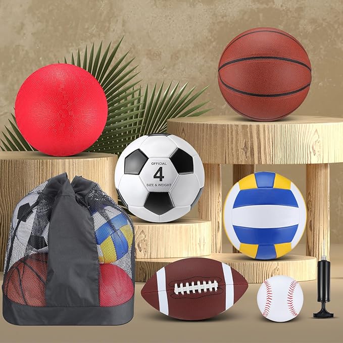 Deekin 12 Pcs Assorted Sport Ball Set Official Size Basketball, Football, Volleyball, Soccer, Baseball, Playground Ball with Bag and Pump Gift for Kid Youth Adult Back to School