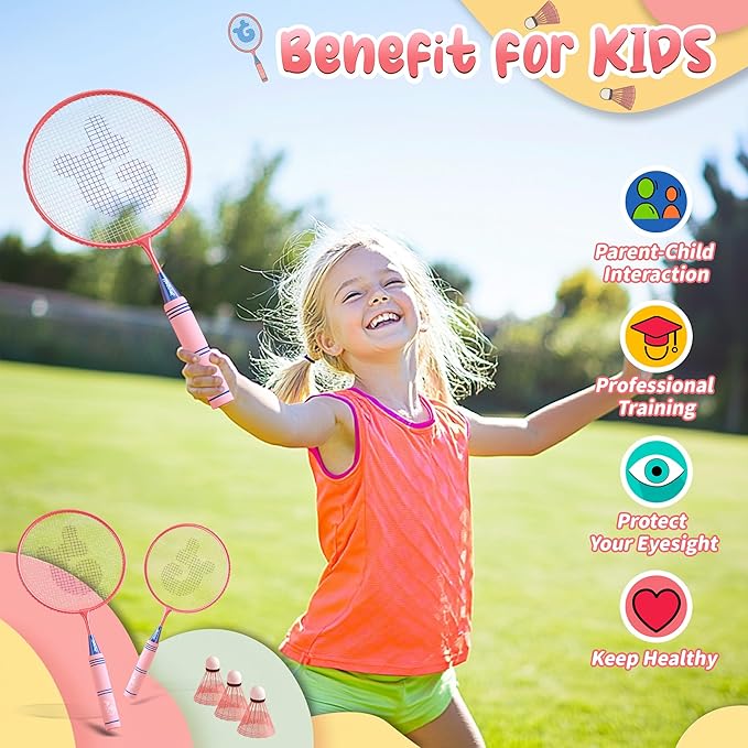 JOY SPOT! Kids Badminton Rackets Set with Soft Grip, Oversize & Lightweight Shuttlecocks Racquet with Carry Bag for Children Youth, 2 Player Sport Game for Indoor Outdoor Backyard