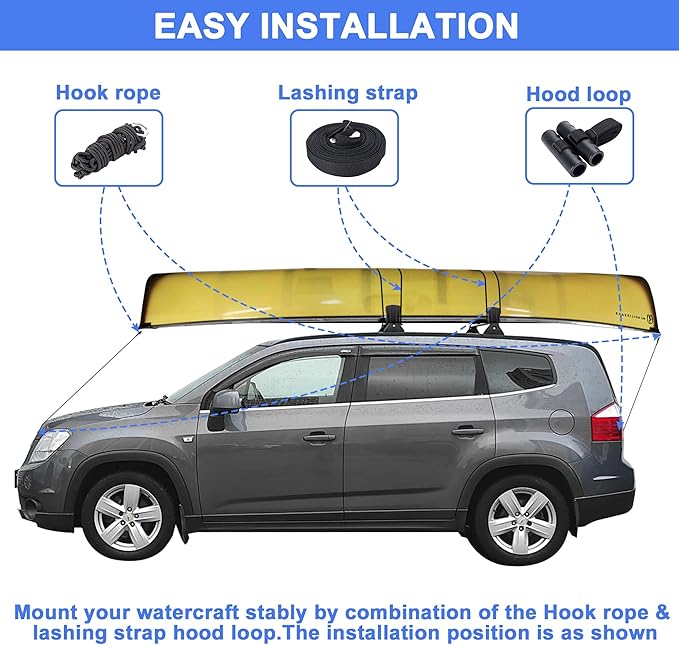 DRSPORTS Heavy Duty Universal Kayak Rack and Canoe Carrier Rooftop Mount on SUV, Car and Truck Crossbar with Bow and Stern Lines Suitable for Canoe, SUP, Kayaks, Surfboard with 2 pcs Tie Down Straps