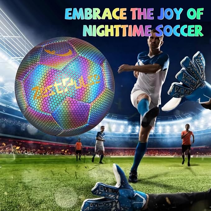 Holographic Reflective Soccer Ball Size 3, 4 & 5 for Kids & Adults, High Visibility for Night Games and Training, Ideal Gift for Boys Girls 8-12