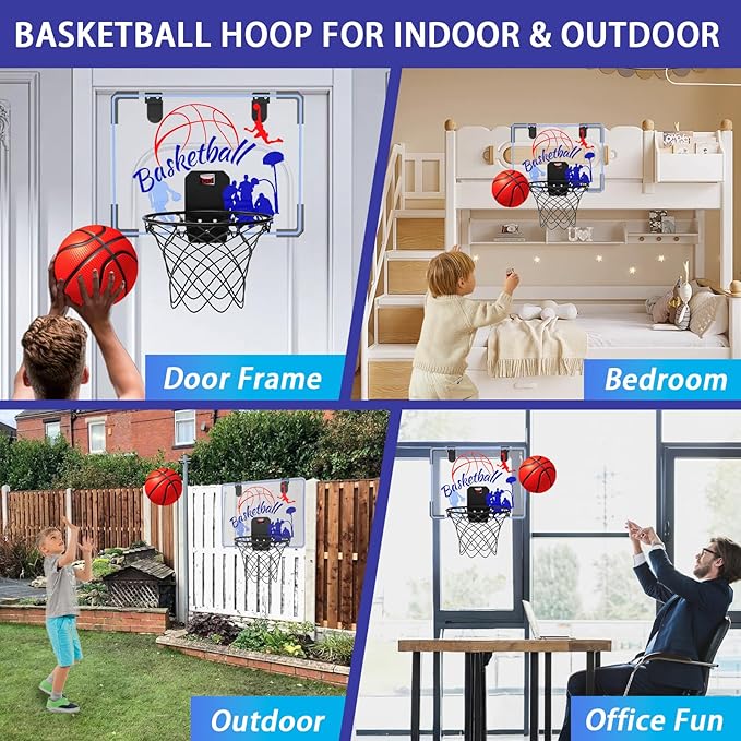 Basketball Hoop Indoor for Kids 4-12 Years Old, Over The Door Mini Hoops with 4 Balls, Scoreboard & Music Accompaniment, Cheering Sounds, Indoor Basketball Hoop Sports Toy Gift for Boys Girls