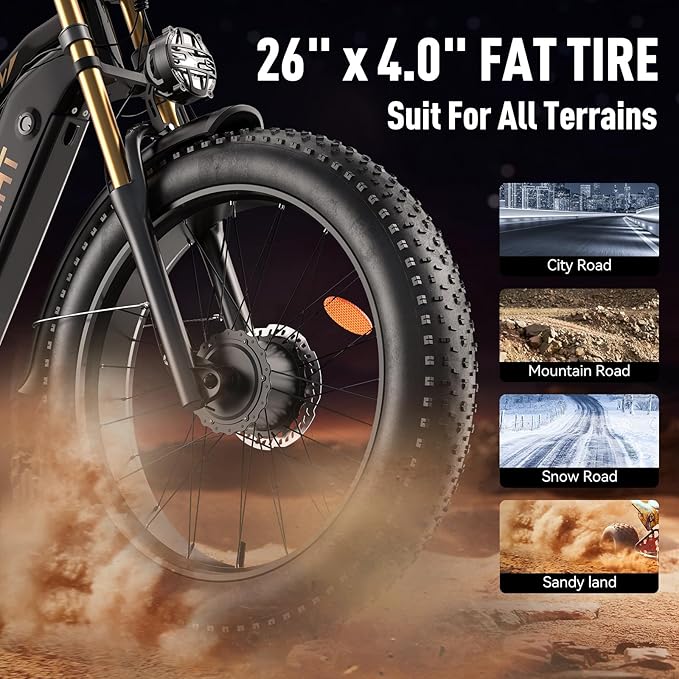 Dual Motor Electric Bike Peak 3000W, 52V 20AH Battery E Bike for Adults 26 Inch Fat Tire Mountain Electric Bicycle 38 MPH, Full Suspension Dual Hydraulic Disc Brake, Up to 90 Miles Range