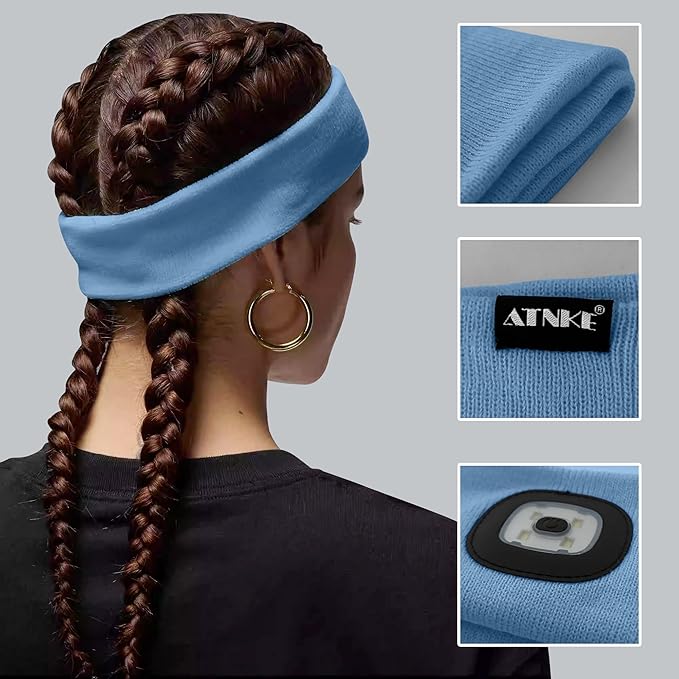 ATNKE 4 LED Lighted Sport Sweatband,USB Rechargeable Running Head Band Lamp High Stretch Wicking Gifts for Men and Women