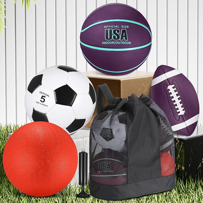 Lenwen 4 Pcs Sports Balls Set, Include Official Size Basketball Soccer Football Playground Ball Pump Equipment Bag Recess Equipment Sport for Teen Adult Gift Back to School