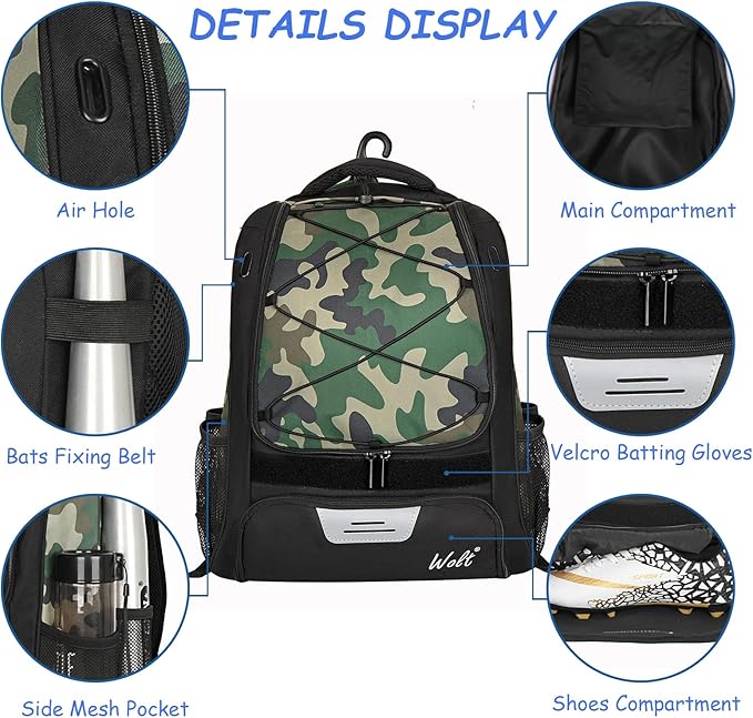 WOLT Youth Baseball Bag - Bat Backpack for Baseball, T-Ball & Softball Equipment & Gear, Bat & Glove Holder, Large Main Compartment for Helmet & accessories, Separate Shoes Compartment, Fence Hook