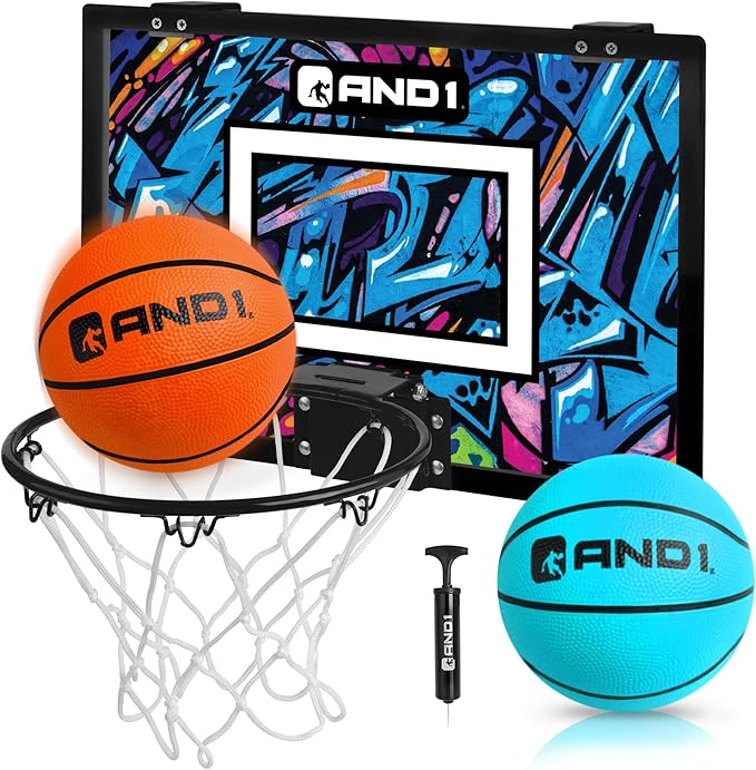 AND1 Over the Door Mini Basketball Hoop: 18x12 Shatterproof Backboard, 2 Mini Basketballs, and Hand Pump Included- Ultimate Indoor Basketball Accessory for Kids and Adults, No Tools Required