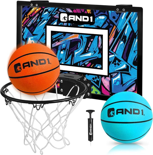AND1 Over the Door Mini Basketball Hoop: 18x12 Shatterproof Backboard, 2 Mini Basketballs, and Hand Pump Included- Ultimate Indoor Basketball Accessory for Kids and Adults, No Tools Required