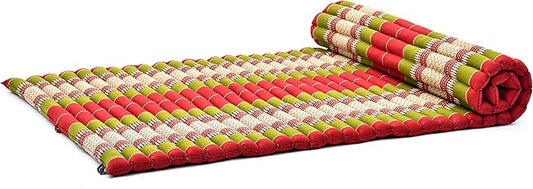 Leewadee - Kapok Roll Mat – Handcrafted Folding Sleep & Relaxation Mattress from Thailand, Ideal as Guest Bed, Camping Mat, Yoga Mat or Traditional Futon, 75 x 39 inches, Green Red