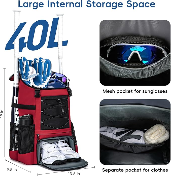 Baseball Bag for Youth and Adult, Softball Backpack 40L Large Capacity, Bat Backpack with Shoes Compartment and Hidden Helmet Holder