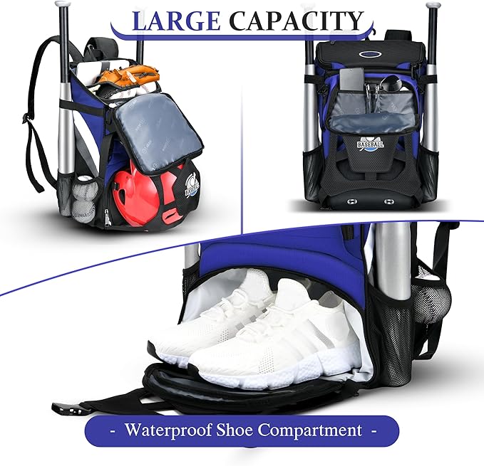 Baseball Backpack for Adult and Youth, Large Capacity Lightweight Softball Bag With Shoe Compartment and Fence Hook for TBall Bat & Equipment, Waterproof for Helmet, Gloves